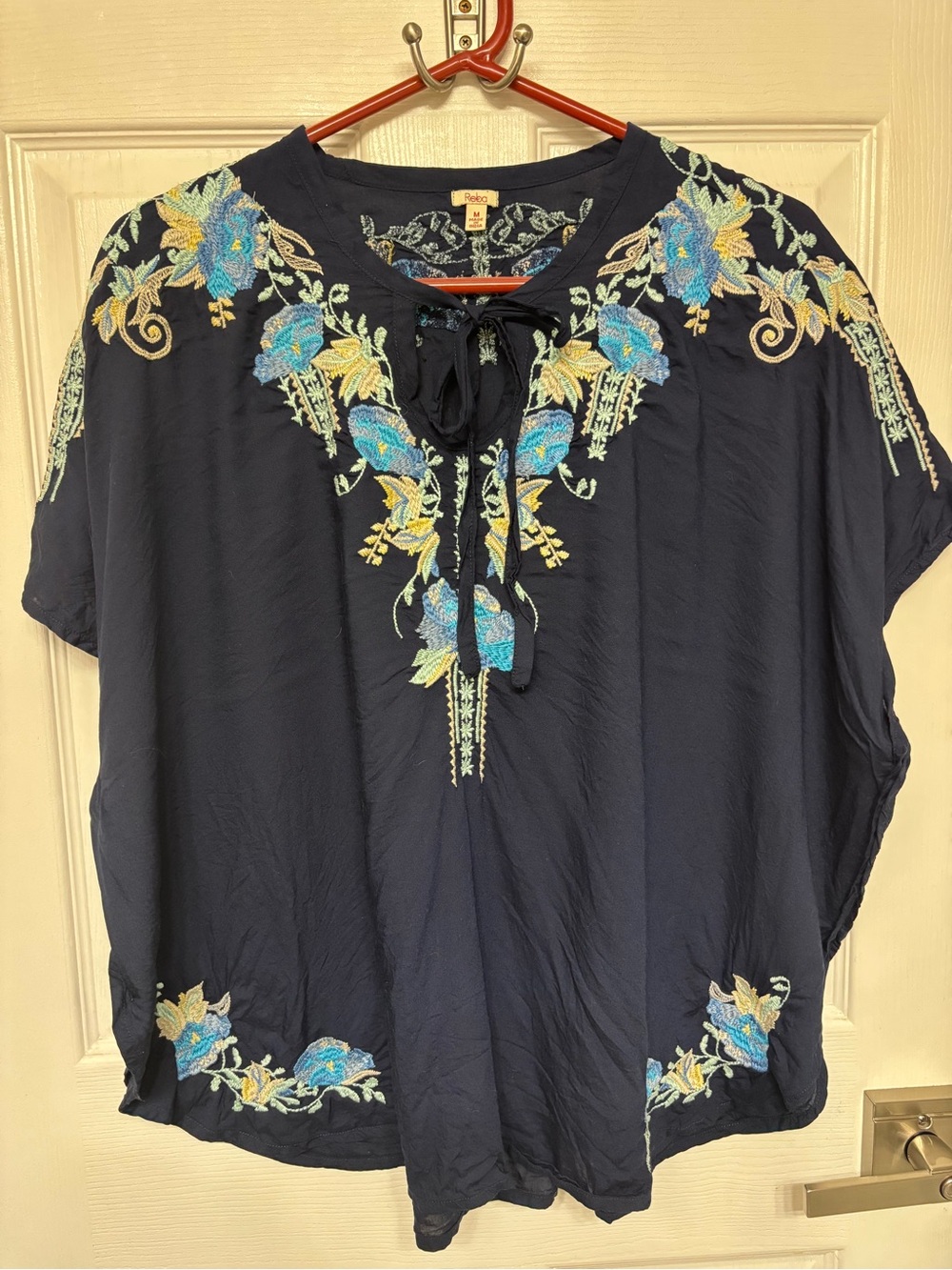 REBA Embroidered Navy Floral Peasant Top